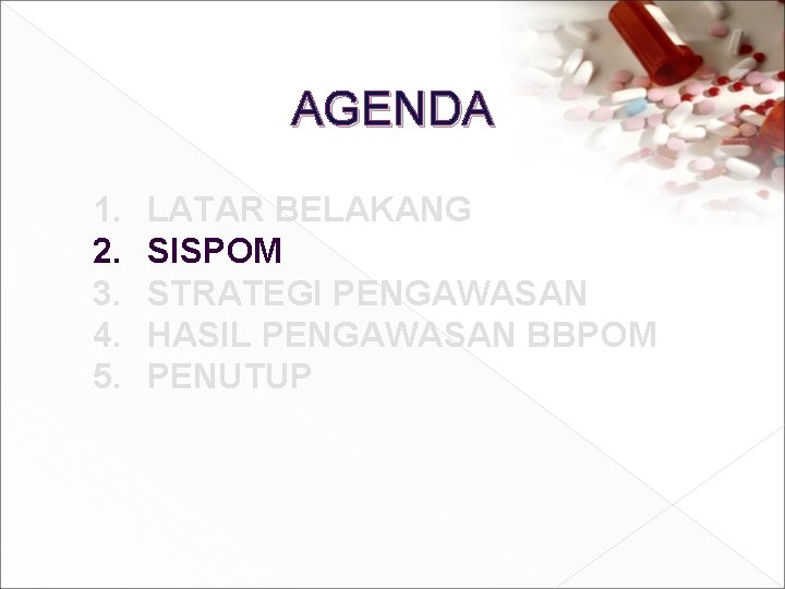 AGENDA 1. 2. 3. 4. 5. LATAR BELAKANG SISPOM STRATEGI PENGAWASAN HASIL PENGAWASAN BBPOM