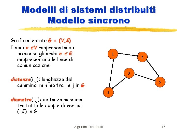 Modelli di sistemi distribuiti Modello sincrono Grafo orientato G = (V, E) I nodi