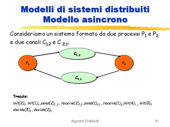Modelli di sistemi distribuiti Modello asincrono Consideriamo un sistema formato da due processi P
