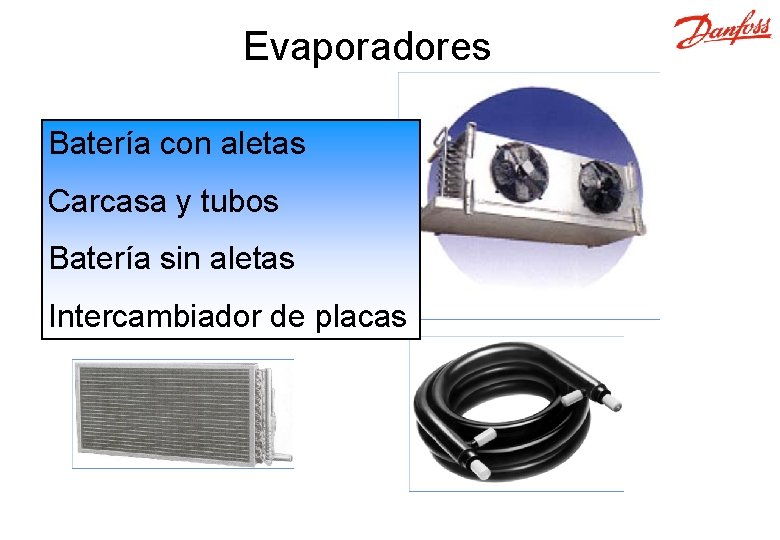 Evaporadores Batería con aletas Carcasa y tubos Batería sin aletas Intercambiador de placas 