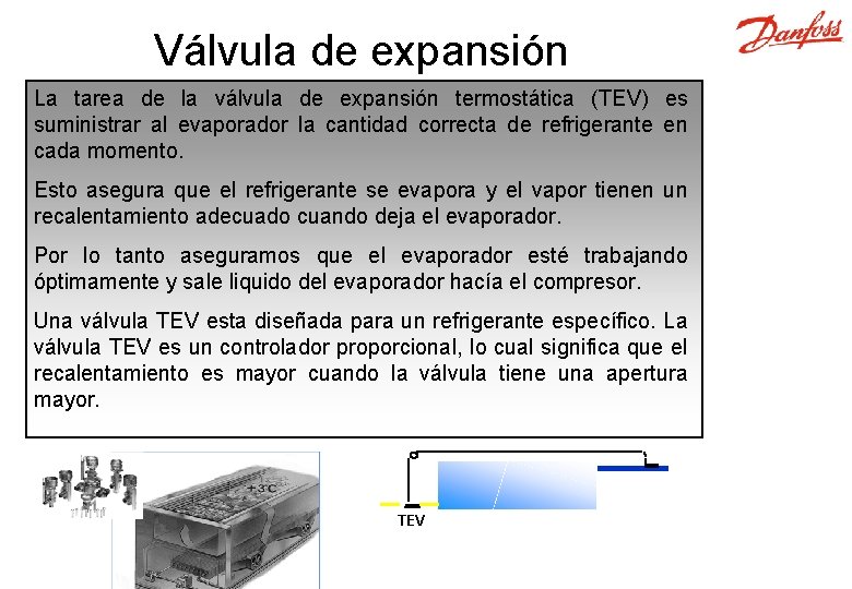 Válvula de expansión La tarea de la válvula de expansión termostática (TEV) es suministrar