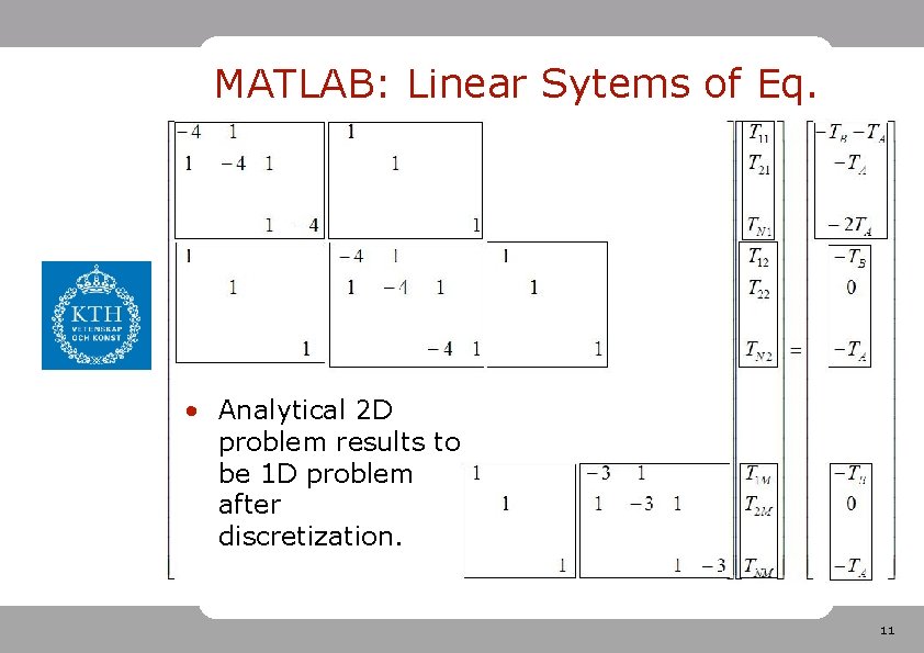 MATLAB: Linear Sytems of Eq. • Analytical 2 D problem results to be 1