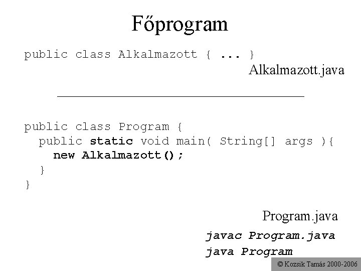 Főprogram public class Alkalmazott {. . . } Alkalmazott. java public class Program {