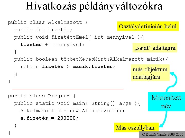 Hivatkozás példányváltozókra public class Alkalmazott { Osztálydefiníción belül public int fizetés; public void fizetést.