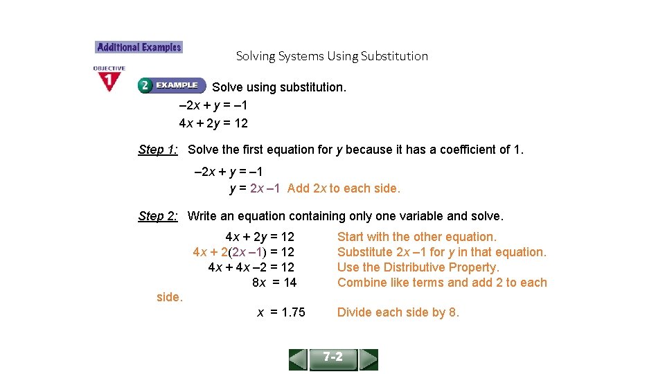 ALGEBRA 1 LESSON 7 -2 Solving Systems Using Substitution Solve using substitution. – 2