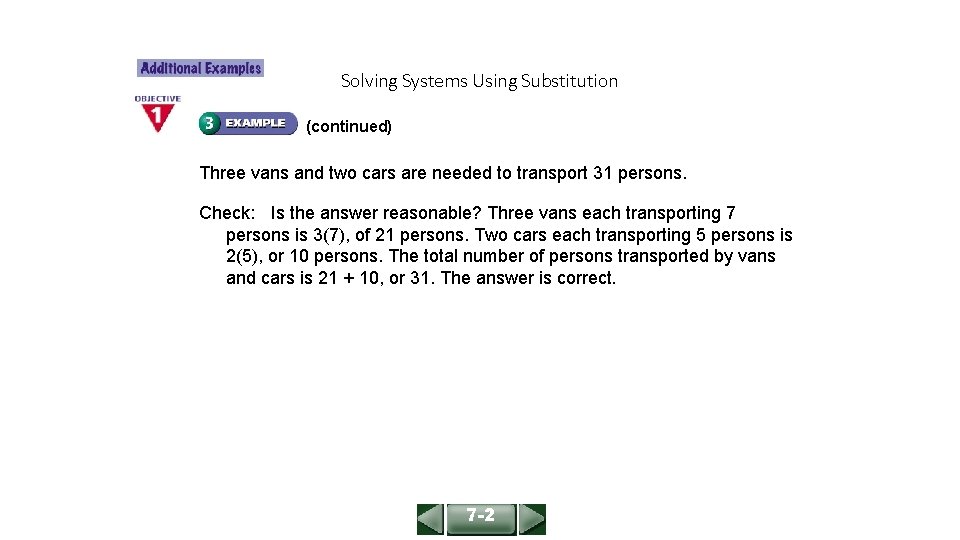 ALGEBRA 1 LESSON 7 -2 Solving Systems Using Substitution (continued) Three vans and two