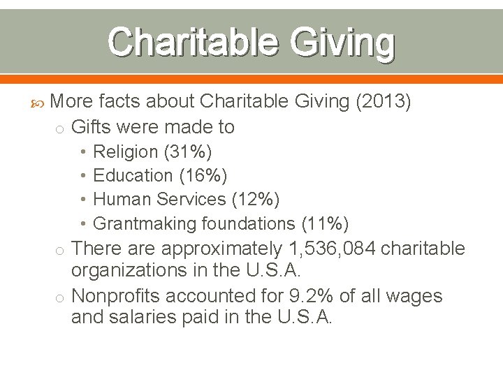 Charitable Giving More facts about Charitable Giving (2013) o Gifts were made to • Charitable Giving More facts about Charitable Giving (2013) o Gifts were made to •