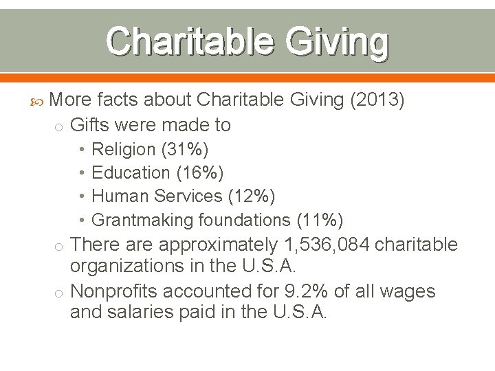 Charitable Giving More facts about Charitable Giving (2013) o Gifts were made to •