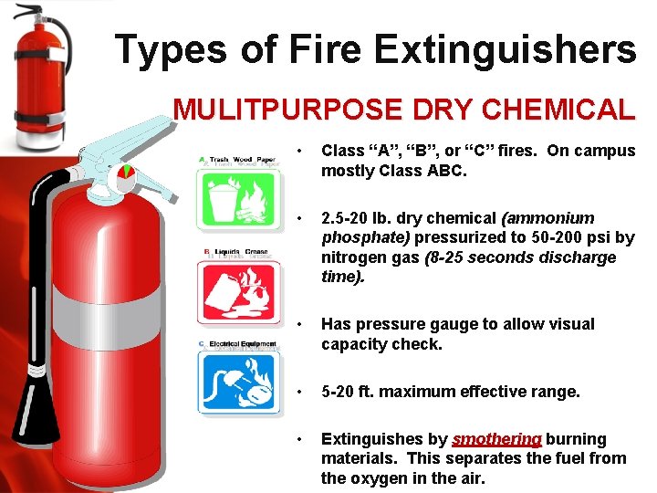 Types of Fire Extinguishers MULITPURPOSE DRY CHEMICAL • Class “A”, “B”, or “C” fires.