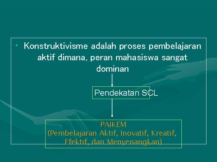  • Konstruktivisme adalah proses pembelajaran aktif dimana, peran mahasiswa sangat dominan Pendekatan SCL