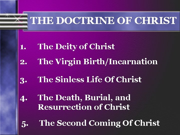 THE DOCTRINE OF CHRIST 1. The Deity of Christ 2. The Virgin Birth/Incarnation 3.