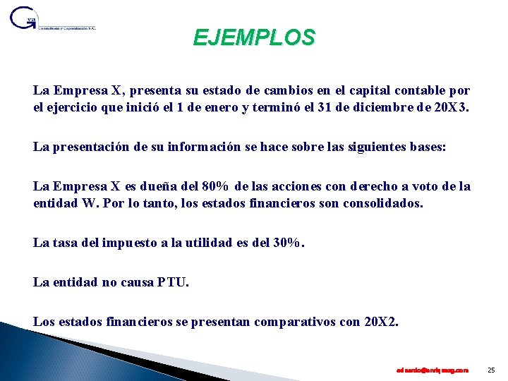 EJEMPLOS La Empresa X, presenta su estado de cambios en el capital contable por