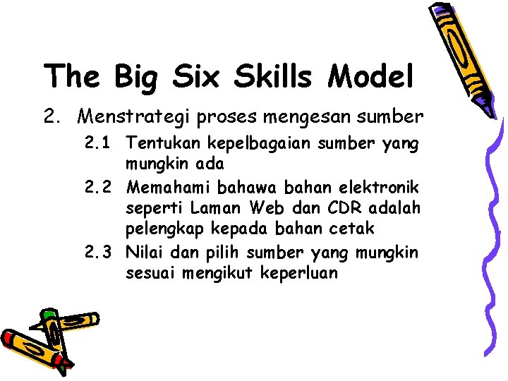 The Big Six Skills Model 2. Menstrategi proses mengesan sumber 2. 1 Tentukan kepelbagaian