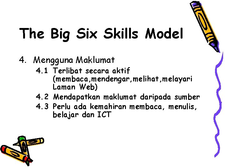 The Big Six Skills Model 4. Mengguna Maklumat 4. 1 Terlibat secara aktif (membaca,