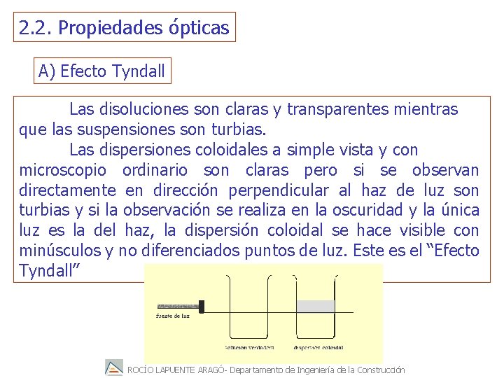 2. 2. Propiedades ópticas A) Efecto Tyndall Las disoluciones son claras y transparentes mientras