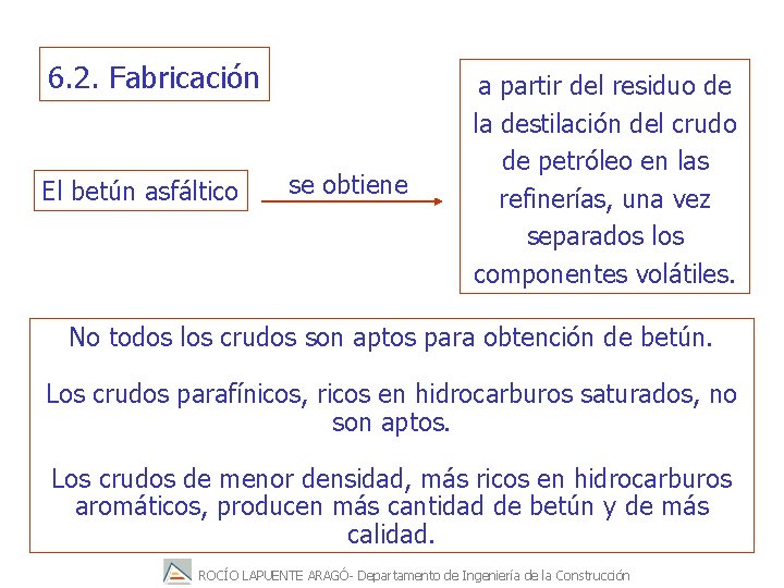 6. 2. Fabricación El betún asfáltico se obtiene a partir del residuo de la