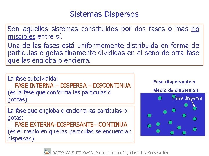 Sistemas Dispersos Son aquellos sistemas constituidos por dos fases o más no miscibles entre