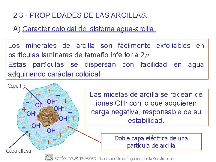2. 3. - PROPIEDADES DE LAS ARCILLAS. A) Carácter coloidal del sistema agua-arcilla. Los
