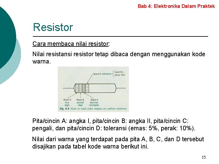 Bab 4: Elektronika Dalam Praktek Resistor Cara membaca nilai resistor: Nilai resistansi resistor tetap