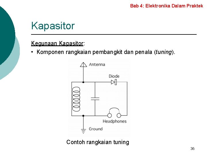 Bab 4: Elektronika Dalam Praktek Kapasitor Kegunaan Kapasitor: • Komponen rangkaian pembangkit dan penala