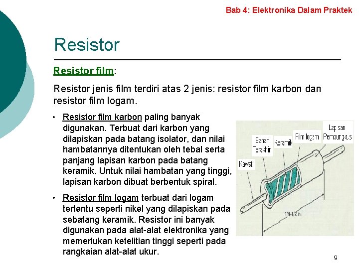 Bab 4: Elektronika Dalam Praktek Resistor film: Resistor jenis film terdiri atas 2 jenis: