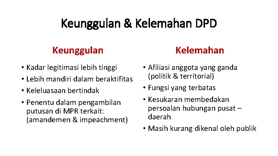 Keunggulan & Kelemahan DPD Keunggulan Kelemahan • Kadar legitimasi lebih tinggi • Lebih mandiri