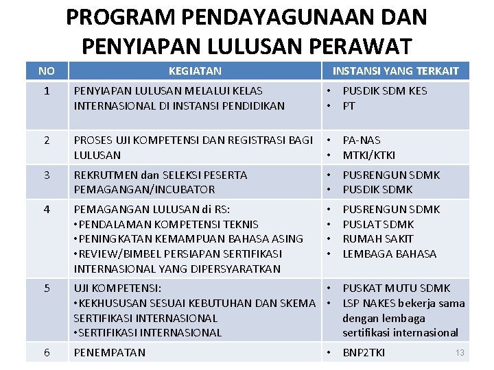 PROGRAM PENDAYAGUNAAN DAN PENYIAPAN LULUSAN PERAWAT NO KEGIATAN INSTANSI YANG TERKAIT 1 PENYIAPAN LULUSAN