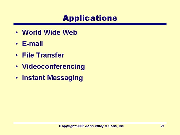 Applications • World Wide Web • E-mail • File Transfer • Videoconferencing • Instant