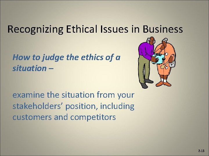 Recognizing Ethical Issues in Business How to judge the ethics of a situation –