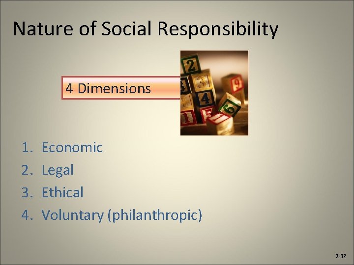 Nature of Social Responsibility 4 Dimensions 1. 2. 3. 4. Economic Legal Ethical Voluntary