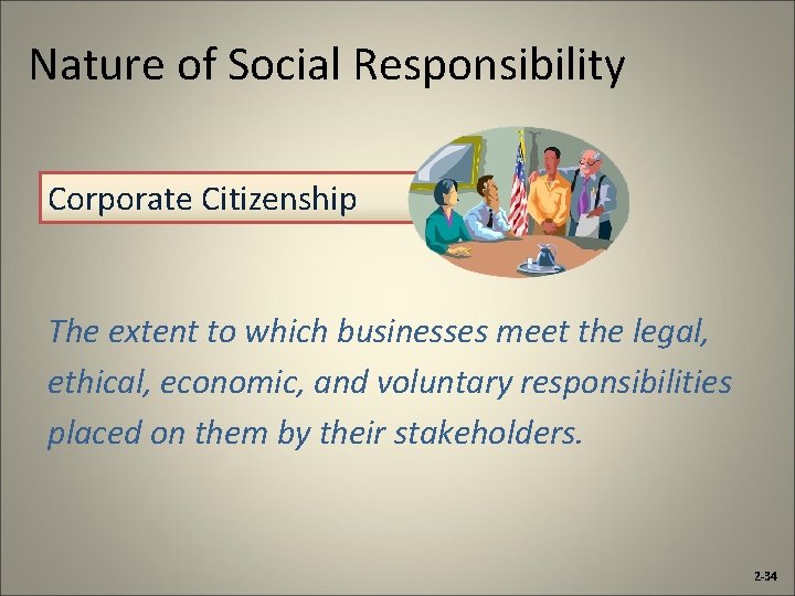 Nature of Social Responsibility Corporate Citizenship The extent to which businesses meet the legal,
