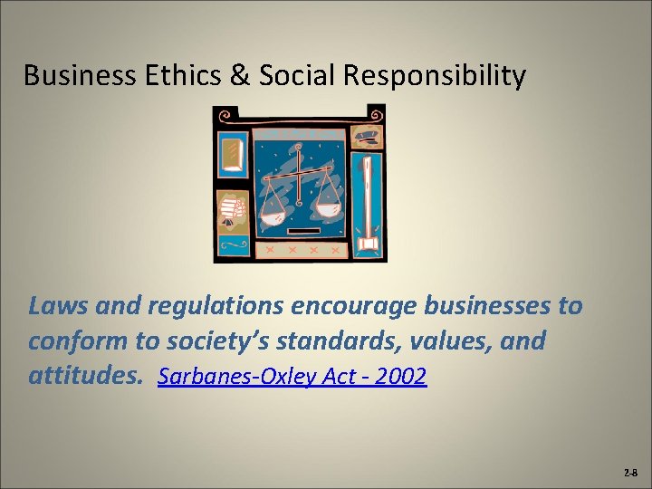 Business Ethics & Social Responsibility Laws and regulations encourage businesses to conform to society’s