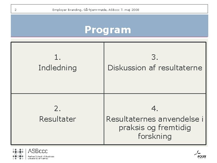 2 Employer Branding, Gå-hjem-møde, ASBccc 7. maj 2008 Program 1. Indledning 3. Diskussion af