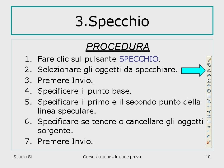 3. Specchio PROCEDURA 1. 2. 3. 4. 5. Fare clic sul pulsante SPECCHIO. Selezionare