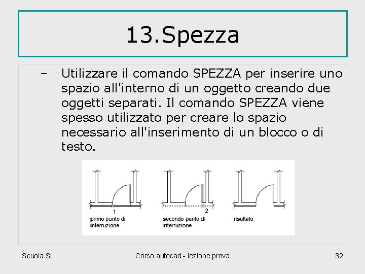 13. Spezza – Scuola Si Utilizzare il comando SPEZZA per inserire uno spazio all'interno