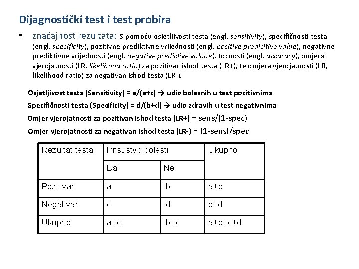 Dijagnostički test probira Kritička prosudba valjanosti relevantnosti –testa • značajnost rezultata: s pomoću osjetljivostiitesta