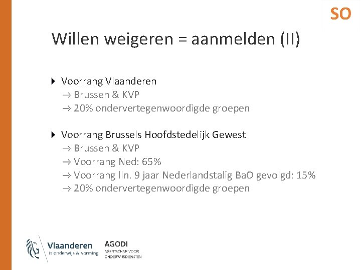 Willen weigeren = aanmelden (II) Voorrang Vlaanderen Brussen & KVP 20% ondervertegenwoordigde groepen Voorrang