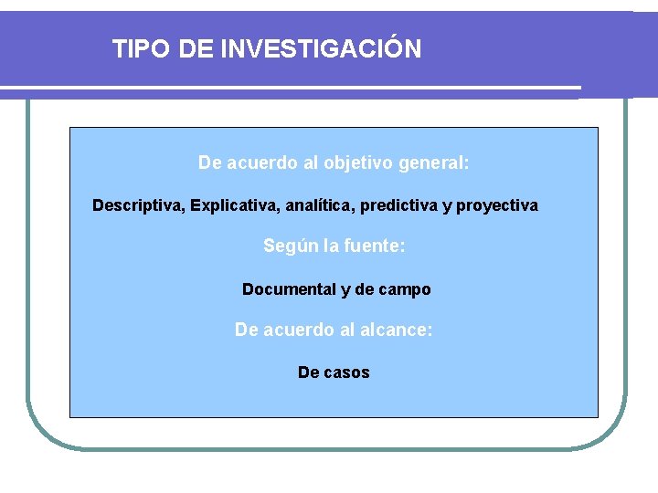 TIPO DE INVESTIGACIÓN De acuerdo al objetivo general: Descriptiva, Explicativa, analítica, predictiva y proyectiva