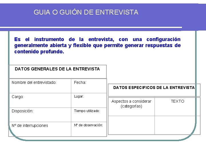 GUIA O GUIÓN DE ENTREVISTA Es el instrumento de la entrevista, con una configuración