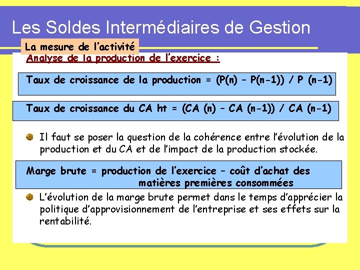 Les Soldes Intermédiaires de Gestion La mesure de l’activité Analyse de la production de