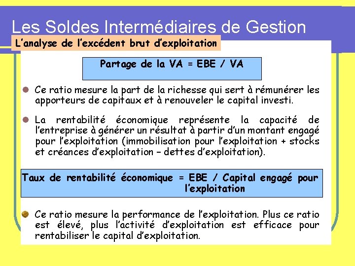 Les Soldes Intermédiaires de Gestion L’analyse de l’excédent brut d’exploitation Partage de la VA Les Soldes Intermédiaires de Gestion L’analyse de l’excédent brut d’exploitation Partage de la VA