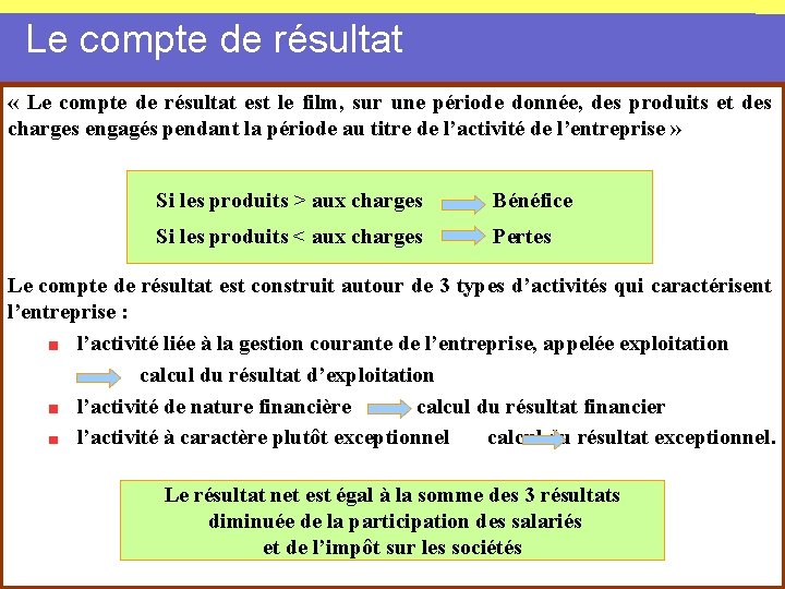 Le compte de résultat « Le compte de résultat est le film, sur une