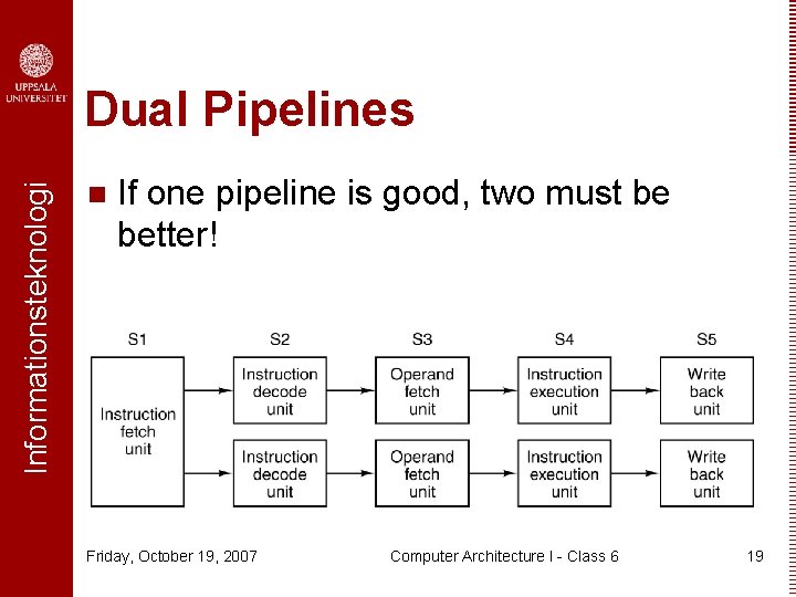 Informationsteknologi Dual Pipelines n If one pipeline is good, two must be better! Friday,