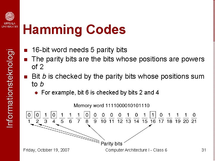 Informationsteknologi Hamming Codes n n n 16 -bit word needs 5 parity bits The