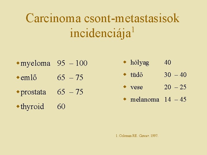 Carcinoma csont-metastasisok 1 incidenciája wmyeloma 95 – 100 w hólyag 40 wemlő w tüdő