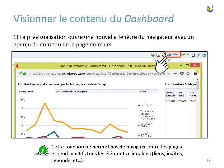 Visionner le contenu du Dashboard 1) La prévisualisation ouvre une nouvelle fenêtre du navigateur