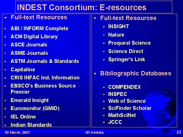 INDEST Consortium: E-resources Full-text Resources ABI / INFORM Complete INSIGHT ACM Digital Library Nature