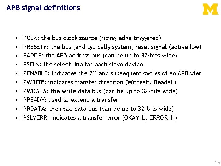 APB signal definitions • • • PCLK: the bus clock source (rising-edge triggered) PRESETn: