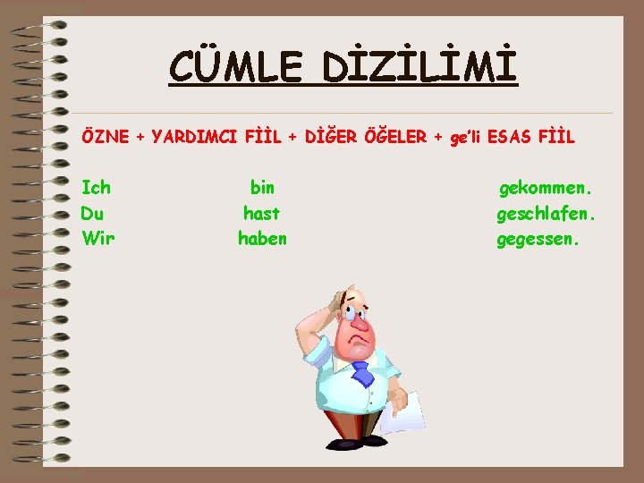 CÜMLE DİZİLİMİ ÖZNE + YARDIMCI FİİL + DİĞER ÖĞELER + ge’li ESAS FİİL Ich