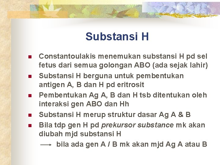 Substansi H n n n Constantoulakis menemukan substansi H pd sel fetus dari semua